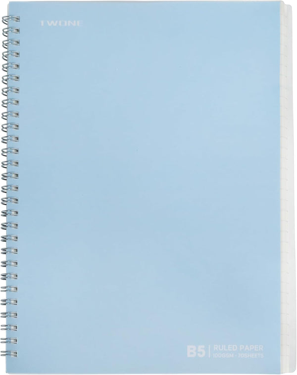 TWONE Spiral Notebook, 7"x10", 140 Ruled Pages, Waterproof Frosted PP Cover, Blue, Ideal for School, Office, Personal
