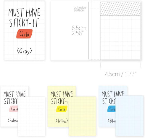 Monolike Must Have Sticky Grid, 4p Set, Self-Adhesive Memo Pad, 80 Sheets for Daily Diary