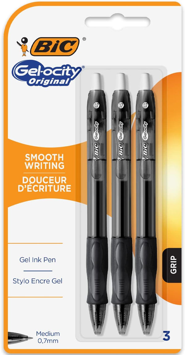 Bic Gel-ocity ST Original Rollerball Pens - Medium 0.7mm Nib Tip - Blister Pack of 3 - Black Ink