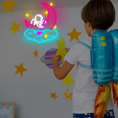 15.7513.6, Astronaut Neon Sign for Kids Room LED Space Neon Light with Moon and Cloud Cute Galaxy Theme Night Light