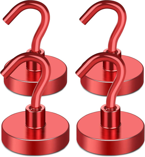 MIKEDE Heavy Duty Magnetic Hooks, 80LB Strong Neodymium Magnet with Hook for Fridge, 4 Pack (Red)