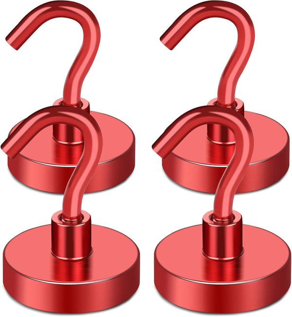 MIKEDE Heavy Duty Magnetic Hooks, 80LB Strong Neodymium Magnet with Hook for Fridge, 4 Pack (Red)