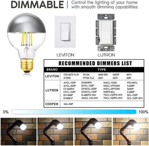 XININSUN Dimmable Half Chrome Light Bulb, 6W (60W Equivalent), E26 G80 Silver Dipped, 4000K Daylight, 4 Pack
