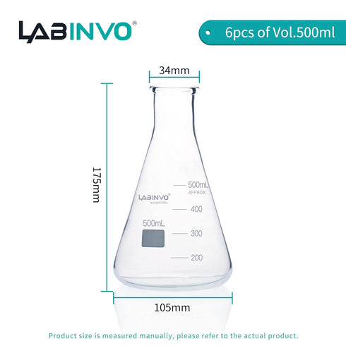 500ML Glass Erlenmeyer Flask, Narrow Mouth Graduated Conical Flask Set, 6pcs of 3.3 Borosilicate Glass
