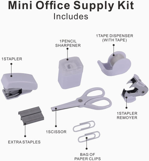 Mini Office Supply Kits, Includes Mini Stapler, Scissors, Staple Remover, Staples, Tape Dispenser - White
