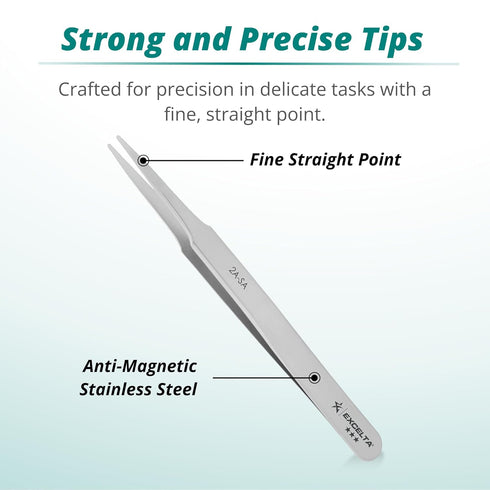 Excelta Ultra-Precision Tweezers, Professional Straight Tapered Flat Point, 4.75" Length, 0.059” Wide, Anti-Magnetic