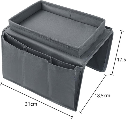 Sofa Armrest Organizer with Top Tray, 5 Pockets for Couch Recliner, Foldable Bedside Caddy Storage Bag (Grey)