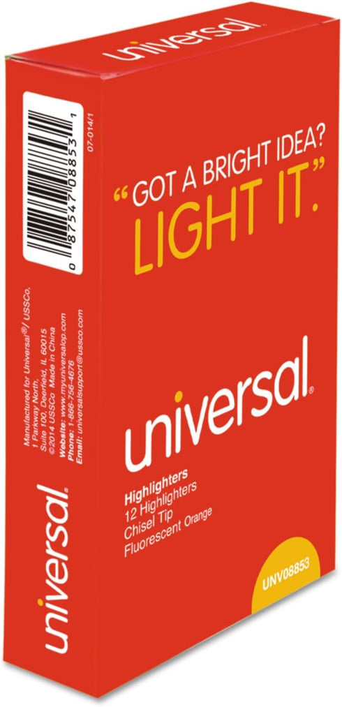 Universal Pocket Highlighters, Fluorescent Orange Ink, Chisel Tip, Orange Barrel, Dozen