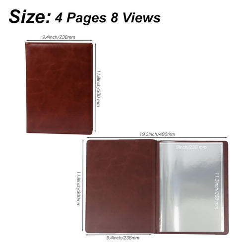 8.5 11, 4 8 Premium Vegan Leather Menu Cover x Page View Menu Folder with Clear Sleeves, Restaurant Menu Holder