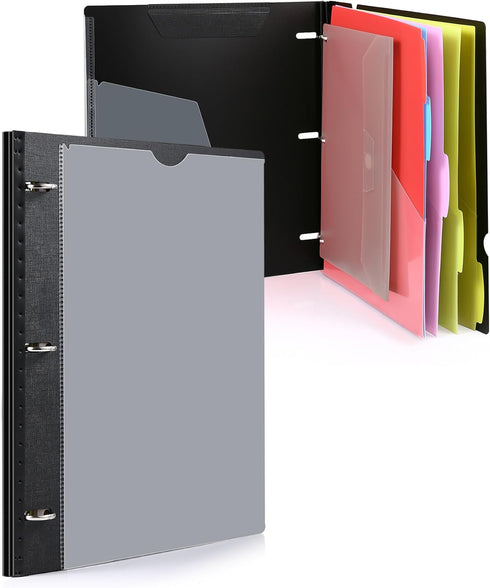 WOT I Telescoping Project Organizer, Refillable 3 Ring Binder Pocket Folder, Black with Custom Cover