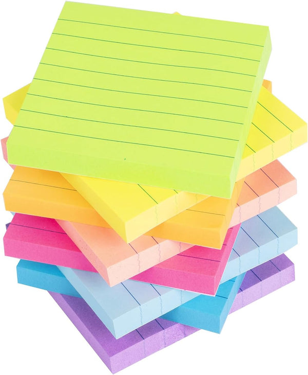 Lined Sticky Notes 3x3 in - Bright Ruled Colorful Memo Pads, 82 Sheets/pad, 8 Pads/Pack
