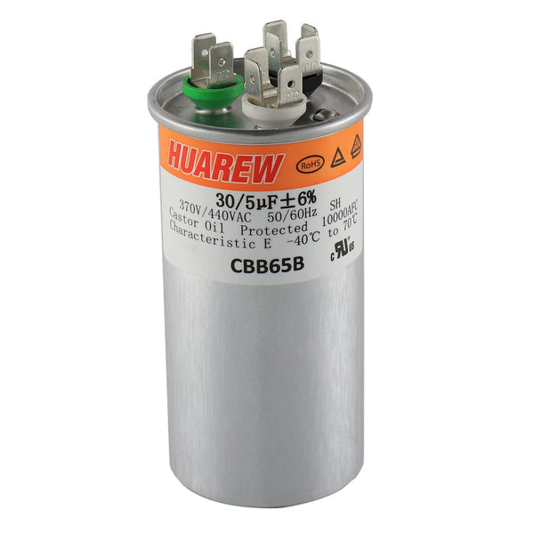 30/5 uF 30+5 MFD ±6% 370V/440V CBB65B AC Capacitor, Dual Run Round Replacement for AC Unit Fan Motor