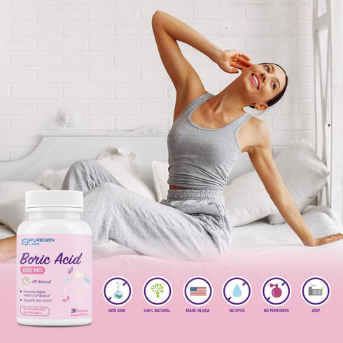 600 100% (30 Count) Puregen Labs Boric Acid mg Vaginal Suppositories - Pure | All Natural Without Dyes or Fillers |