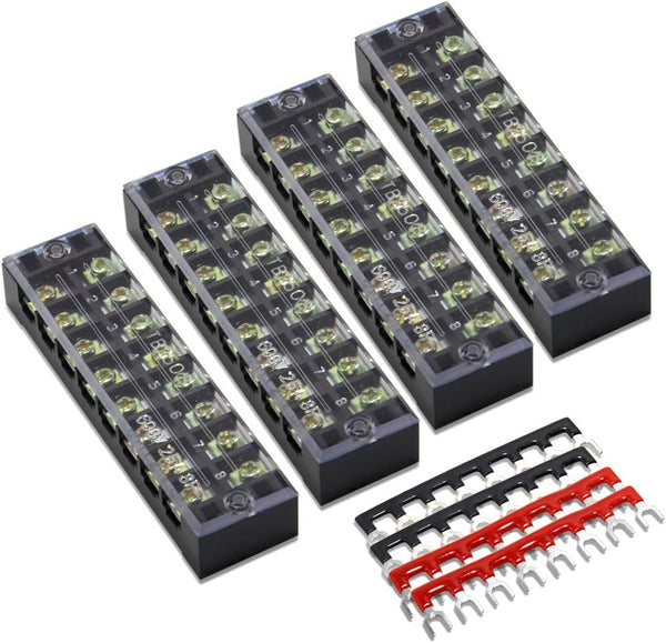 MILAPEAK 8pcs (4 Sets) 8 Positions Dual Row Screw Terminal Strip Blocks with Cover (Black & Red)
