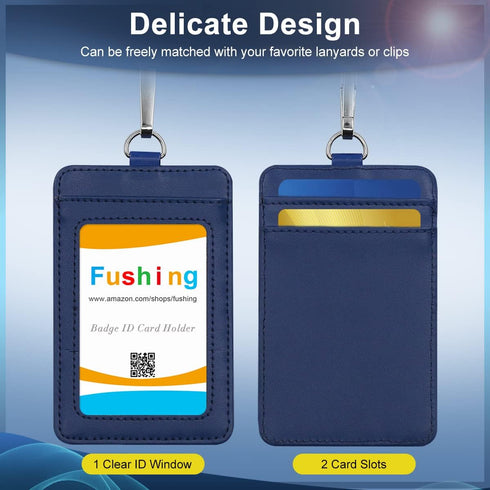 Fushing 2-Sided Genuine Leather ID Card Holder with Lanyard, 1 ID Window, 2 Card Slots, 18.7" Detachable Lanyard (Blue)