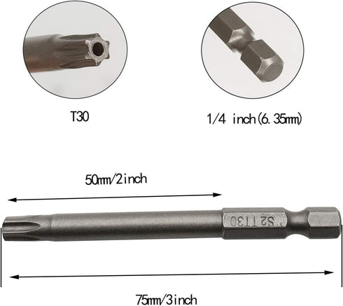 10PCS T30 Torx Head Screwdriver Bit Set, 3"/75mm with Quick Release Slot, S2 Steel Security Tools