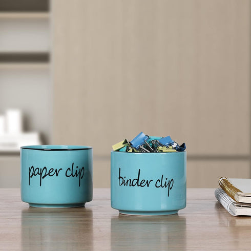 ONTUBE Ceramic Paper Clip and Binder Clip Holder Set, Desk Organizer for Office (Turquoise)