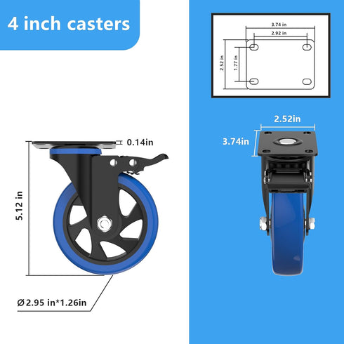 4'' Heavy Duty Caster Wheels Set of 4 with Brake, Industrial Locking Swivel Top Plate Casters for Furniture