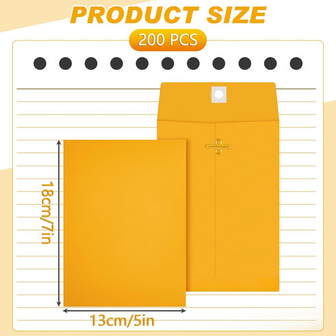 Geyee 200 Pcs 5 x 7" Clasp Envelopes - Manilla Gummed Clasp Closure Kraft Paper Envelopes for Mailing