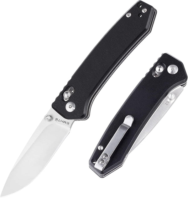 Pocket Folding EDC Knife: 3.14" D2 Steel Sharp Blade, G10 Scales, Crossbar Axis Lock, Reversible Clip, Black, Great