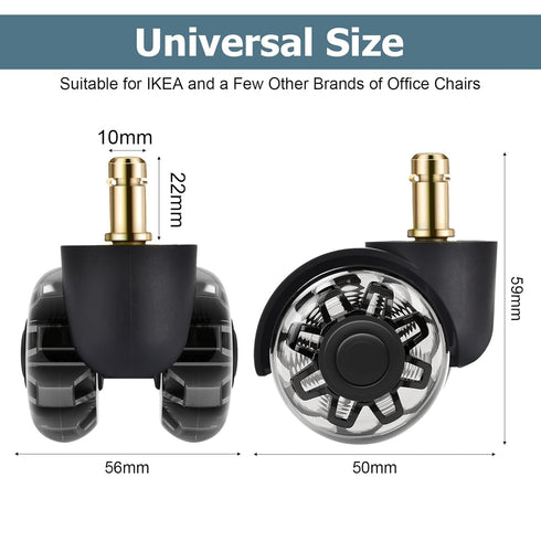 Office Chair Wheels 10 x 22 mm,Desk Chair Wheels for Gaming Chairs, Office Chair Wheels Replacement Wheels for Hard Floors, Parquet, Carpet, Laminate and Tiles, No Scratches