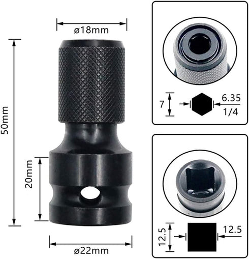 DCA 4PCS 1/2 inch Square Drive to 1/4 inch Hex Female Socket Adapter Converter Chuck Adapter for Impact Air and Electric Wrench