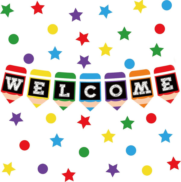 Whaline 57 Pieces Colorful Pencil Design Welcome Bulletin Board Set Back Banner Star Dots Shape Cutouts for Classroom