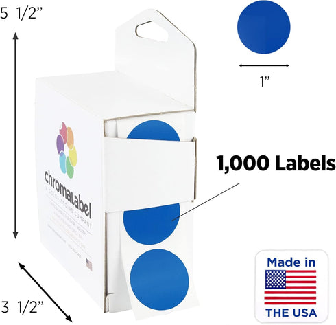 ChromaLabel 1 Inch Round Permanent Color Code Dot Stickers, 1000 Labels per Dispenser Box, Dark Blue