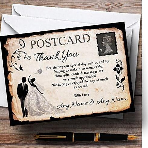 The Card Zoo Black White Vintage Rustic Postcard Personalized Wedding Thank You Cards