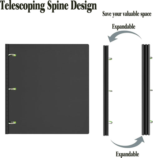 Telescoping 3 Ring Binder, Portable Plastic Binder with Telescoping Spine, 3 Ring Binder with Foldable Front Cover Holds 8.5" x 11" Paper for School,Office and Homes-Black by INFUN