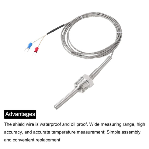MECCANIXITY K Type Thermocouple Temperature Sensor Probe, 1/2" NPT Thread 8x50mm 6.6ft Wire 0 to 800°C