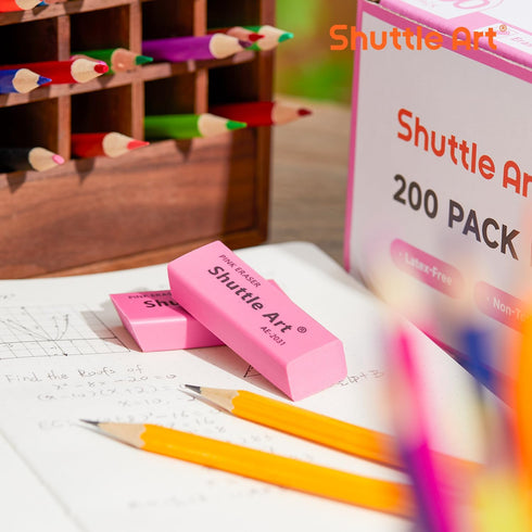 Shuttle Art 200 Pack Pink Erasers Bulk for School, Office, Latex-Free Soft Erasers for Kids, Teachers