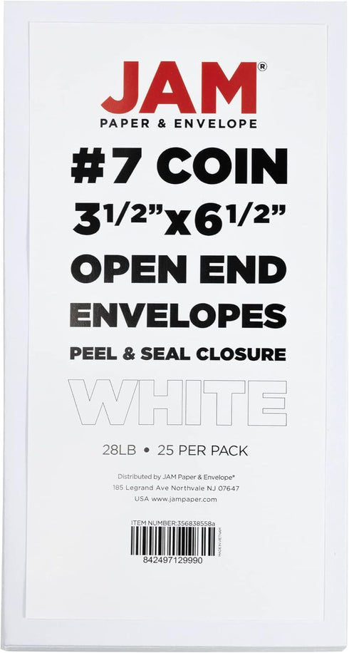 JAM PAPER #7 Coin Business Envelopes with Peel and Seal Closure, 3 1/2 x 6 1/2, White - 25/Pack