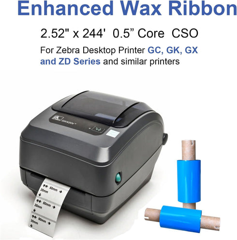 8 2.52" 244'(64mm 74m), 0.5 Rolls Desktop Thermal Transfer Ribbons -Enhanced Wax, x x Core, for Zebra Desktop Printer