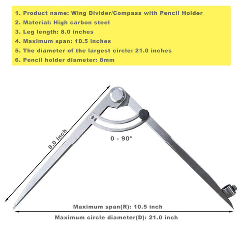 ZLKSKER Wing Compass with Pencil Holder, 6/8/10 inch Leather Working Divider, Caliper & Scribe Tool for Drafting