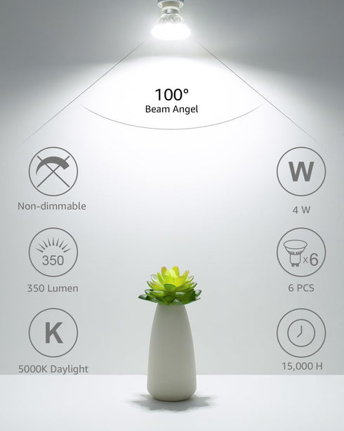 LE GU10 LED Light Bulbs Non-Dimmable, 5000K Daylight White GU10 Bulb Replacement for Recessed Track Lighting, 4W LED Bulbs with 100 Flood Beam for Kitchen, Range Hood, Living Room, Bedroom, 6 Pack by Lepro