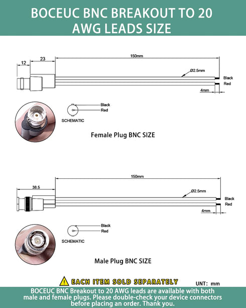 BNC Test Leads - BNC (F) to 20 AWG Leads, Test Lead Breakout Cable for Multimeter, 5A Current Rating, 1 Pack