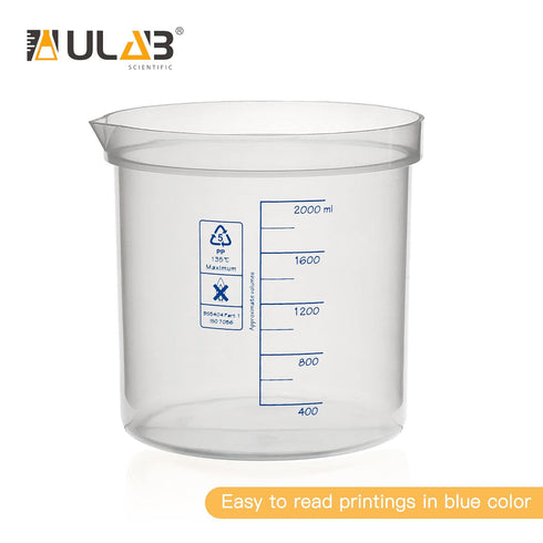 ULAB Stackable Graduated Plastic Beakers, 2000ml (68oz) Volume, Easy-to-Read Blue Printings, UBP1017