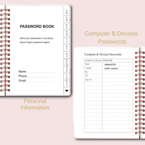 Password Book with Alphabetical Tabs - Spiral Notebook for Internet & Computer Login, Recording Usernames, Passwords,