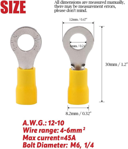 Hilitchi 100Pcs 12-10AWG Insulated Ring Electrical Wire Crimp Connectors (Yellow - M6)