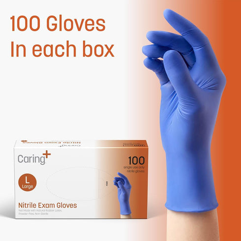 Caring Nitrile Exam Gloves, Blue Powder-Free Disposable Gloves for Medical Care and Food Prep