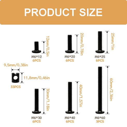 zDwfDc 67PCS M6 6Sizes (M6x12mm/20mm/25mm/30mm/40mm/60mm) DD026-b Crib Hardware Replacement Kit Bed Frame Bolts