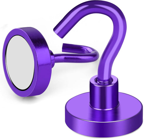 MIKEDE Heavy Duty Magnetic Hooks, 28LB+ Strong Neodymium Magnets for Fridge, Toolbox, Grill, 4 Pack (Purple)