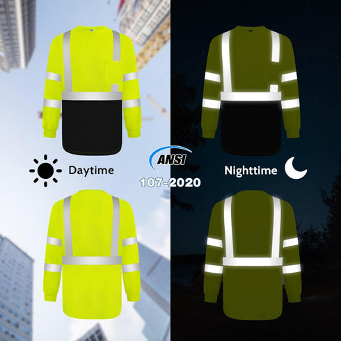 Safety Shirts for Men Class 3 High Visibility Long Sleeve Construction Work Shirts with Black Bottom, Hi Vis Reflective