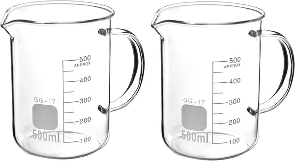 QWORK Beaker with Handle, 500ml Measuring Cup, Borosilicate Glass, 2 Pack