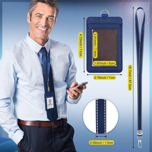 Fushing 2-Sided Genuine Leather ID Card Holder with Lanyard, 1 ID Window, 2 Card Slots, 18.7" Detachable Lanyard (Blue)