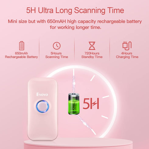 Eyoyo Mini 1D Bluetooth Barcode Scanner, 3-in-1 Portable Barcode Reader for Windows, Android, iOS (Pink)