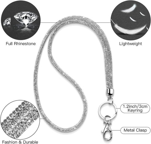 Soleebee Rhinestone Office Lanyard, 31.5'' Bling Neck Lanyard with Metal Clasp & Keyring, Silver