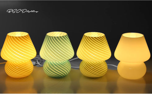 BSOD Mushroom lamp,Glass Mushroom Bedside Table Lamp Translucent Murano Vintage Style Striped Small Nightstand Desklamp