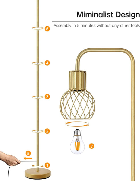 6W Bulb, Brass Gold Standing Floor Lamp for Living Room - Modern Industrial Design with LED Foot Switch, Metal Tall